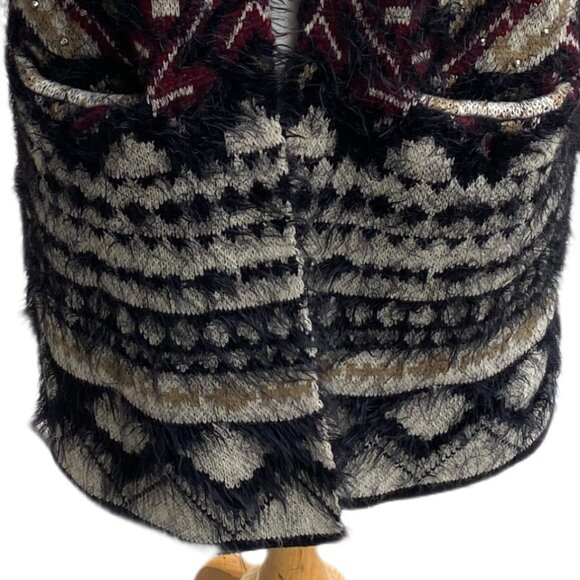 NWOT BCBGMaxazria Fuzzy Eyelash Tribal Cardigan Sz M Burgundy Black Duster Gems - Picture 3 of 15